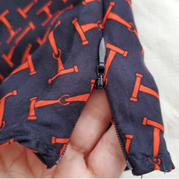 Elizabeth McKay Silk Ruffle Blouse Navy/Red Equestrian Chic T-Bar Print Top Sz 6 - Picture 9 of 13